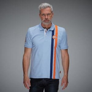 Man wearing light blue polo shirt.