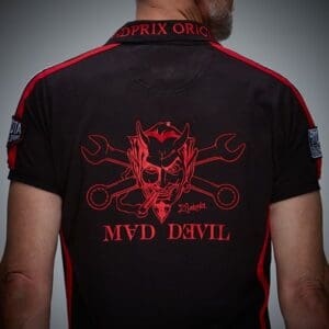 Back of shirt with devil design logo.